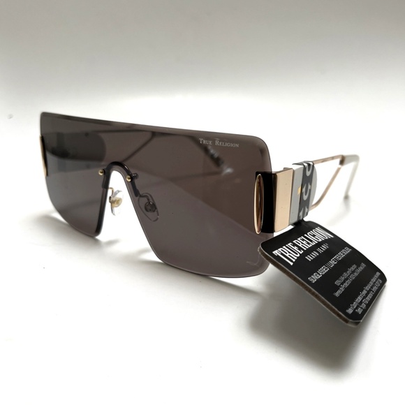 New TRUE RELIGION Shield Sunglasses White Acetate Rimless Metal Wide Leg